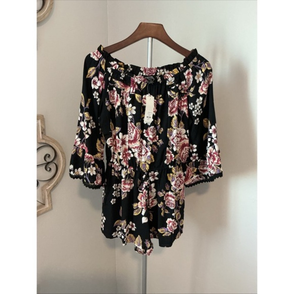 Angie Off The Shoulder Romper Black Floral Print Bell Sleeve NWT Sz M